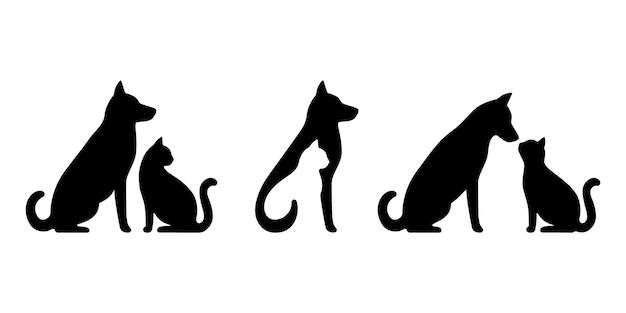 Set di silhouette di profilo nero per cani e gatti animali domestici seduti insieme vista laterale clinica veterinaria negozio animale