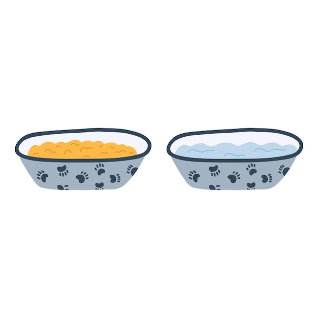 Dog or cat bowl with food and water in cartoon flat style pet accessories kitten or puppy dish