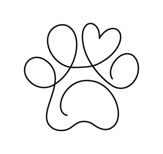 Vector dog or cat paw footprint and heart in continuous one line drawing logo minimal line art animal