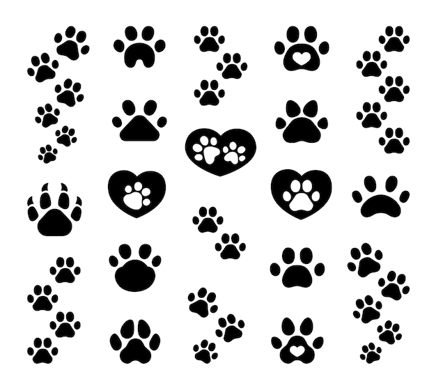 Vector dog or cat paw print silhouette image animal footprints hand drawn style vector drawing