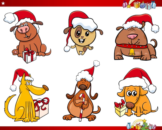 Dog characters on Christmas cartoon set