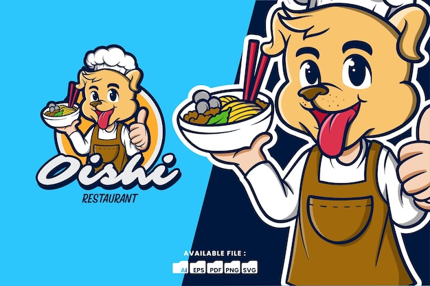 Logo del fumetto della mascotte del cuoco unico del cane che tiene ramen