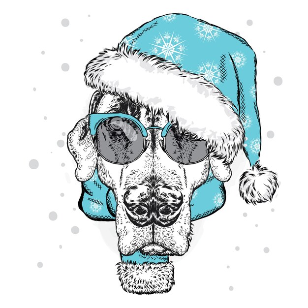 Cane con un cappello e una sciarpa di natale. illustrazione vettoriale.