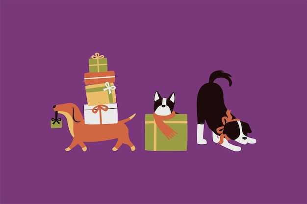 犬とクリスマスのプレゼントのベクトルイラスト