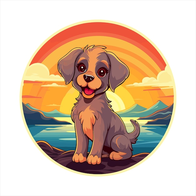 개 다채로운 만화 카와이 캐릭터 해변 일몰 동물 반려동물 스티커 고립 일러스트레이션