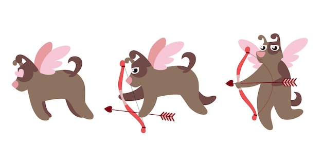 Vector dog cupid in different poses cute character in flat style