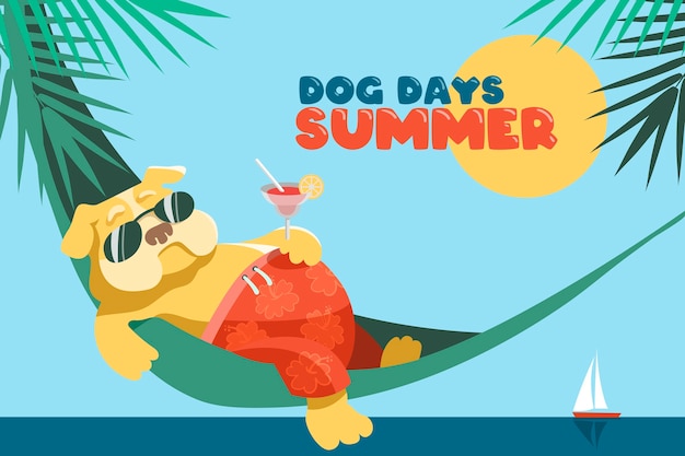 Vector dog days of summer. a cute fat english bulldog lies in a hammock with a glass of margarita.