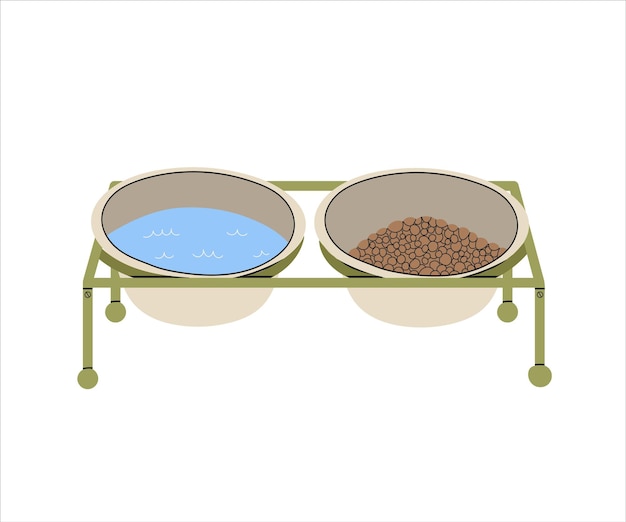 Vector dog dry food and water bowl. two bowls on a stand.  cartoon illustration.