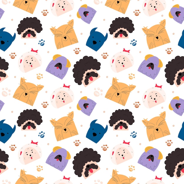 Эмоциональный портрет собаки бесшовный узор Симпатичные собачьи персонажи Векторная иллюстрация в плоском стиле