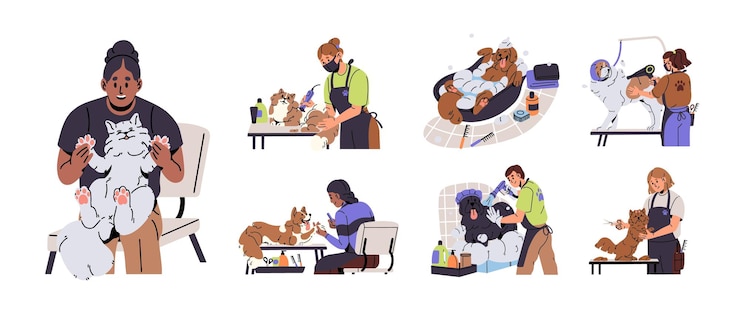 Vector dog en kat grooming salon set mensen wassen doggy groomer droge puppy jas baden pluizige dier persoon zorgen over schattige huisdieren snijden klauwen platte geïsoleerde vector illustratie op witte achtergrond