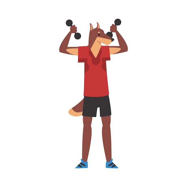 Dog exercising with dumbbells sportive animal character wearing uniform doing sports vector