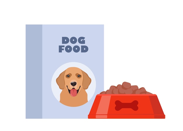 Упаковка с кормом для собак и полная миска с сухим кормом для домашних животных