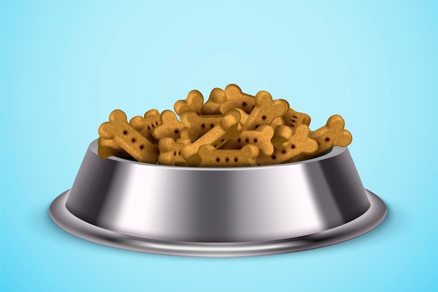 Vector dog food in metal bowl on blue in 3d illustration