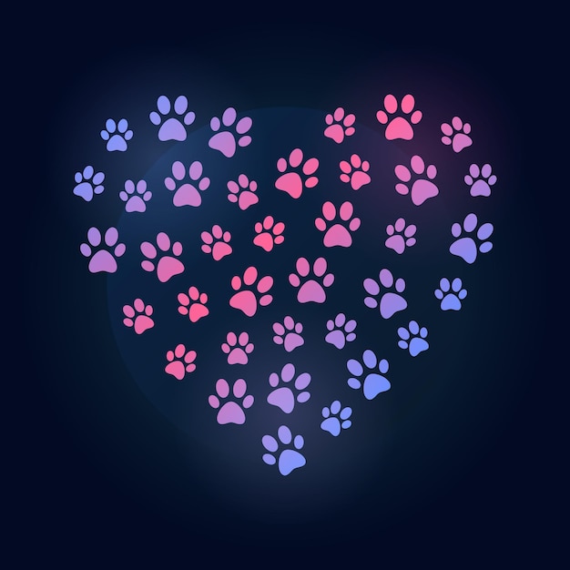 Vector dog footprints in heart shape colored vector illustration or i love dogs and cats banner