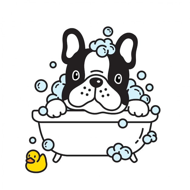 Вектор Собака французский бульдог ванна душ резиновая утка мультфильм