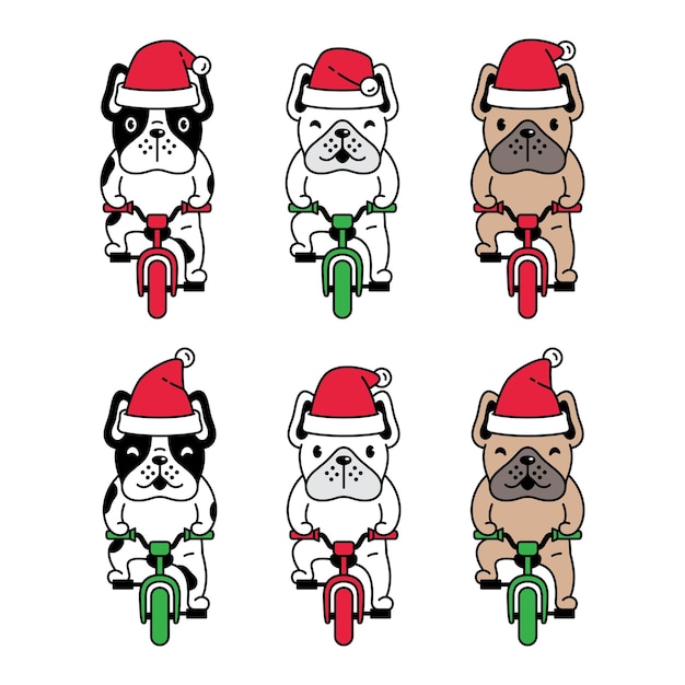 Vector dog french bulldog christmas santa claus riding bicycle