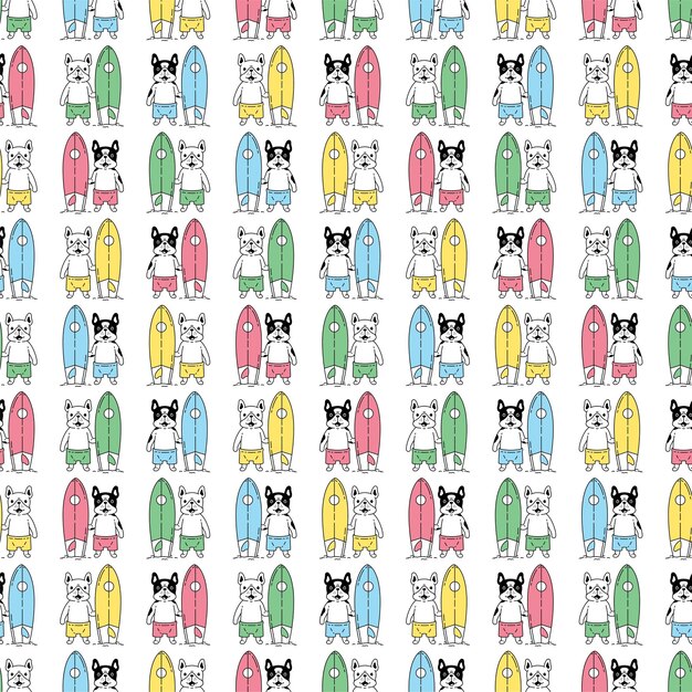 Dog french bulldog seamless pattern surfboard