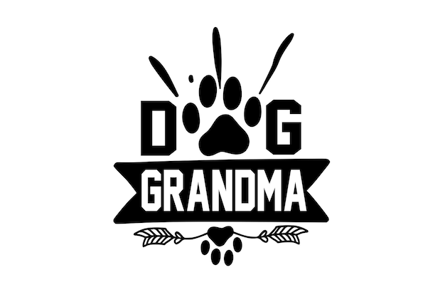 Dog grandma logo with a ribbon and dog paw print.