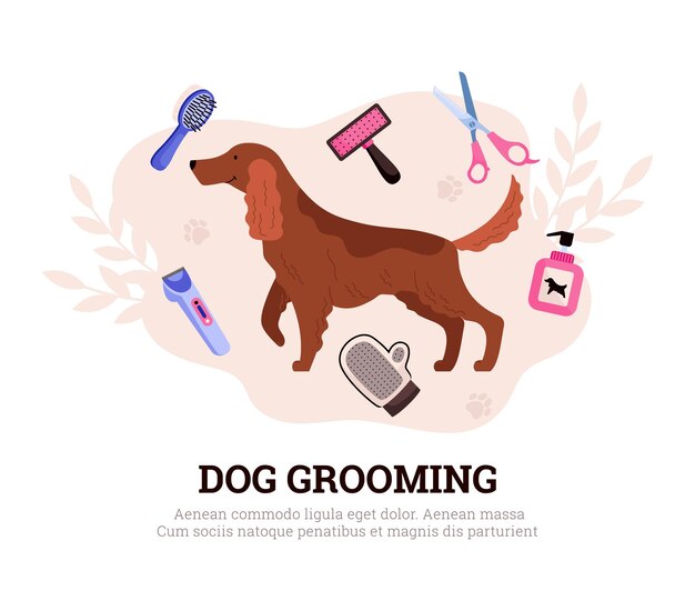 Dog grooming and cleaning the coat of pets flat vector illustration isolated