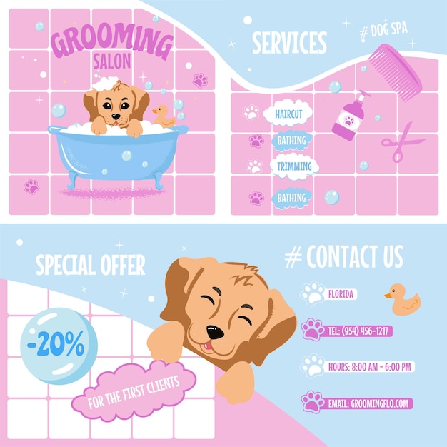 Dog grooming set of vector cartoon objects seamless carousel