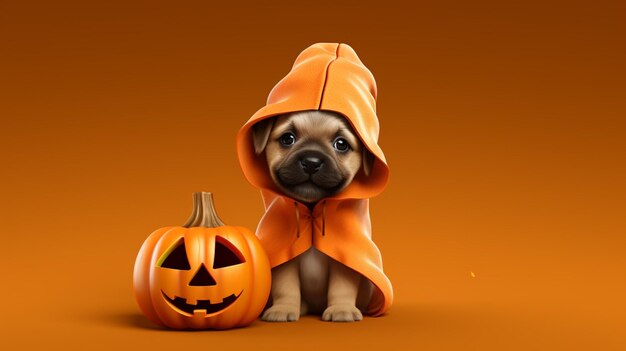 Vector a dog in a halloween costume sits next to a pumpkin