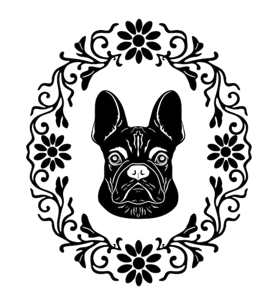Vettore logo testa di cane con cornice floreale sagoma fatta a mano modello 35