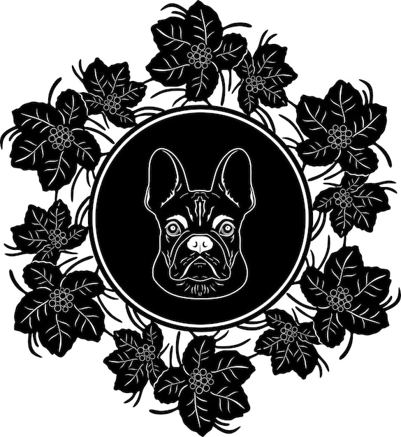 Vector dog head logo with floral frame handmade silhouette model 80