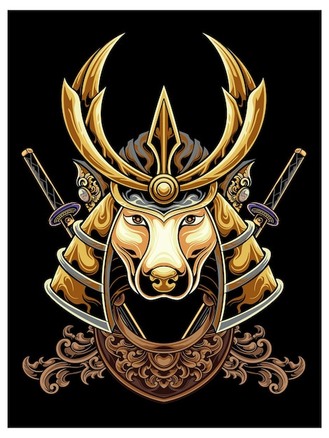 Dog head vector design wearing samurai shogun headgear and katana sword, color editable