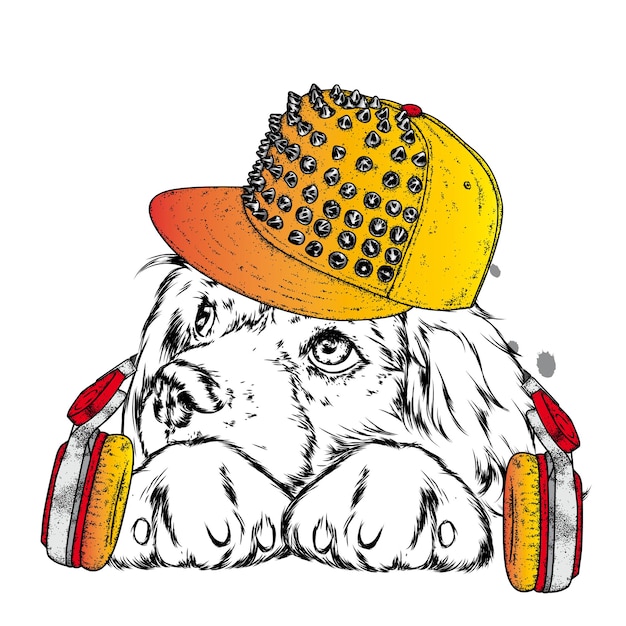 Vector dog in headphones and cap