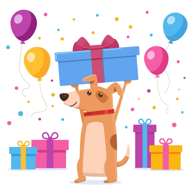 Vector dog holding a gift box