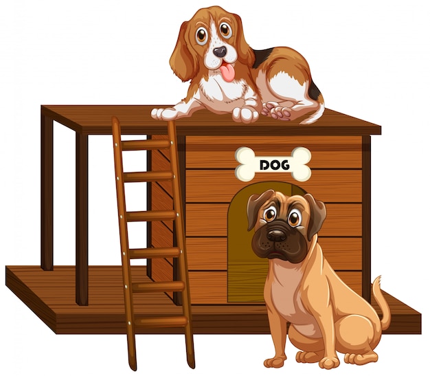 Vector dog house with cute dogs isolated