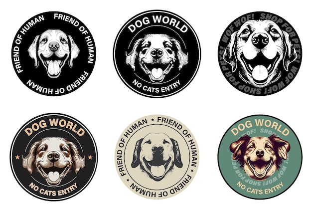 Vettore insieme dell'icona del cane. segno di cane felice in un cerchio su uno sfondo bianco. emblema o adesivo per un negozio di cani