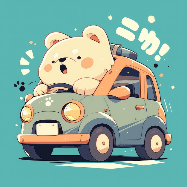 A dog is driving a car cartoon style