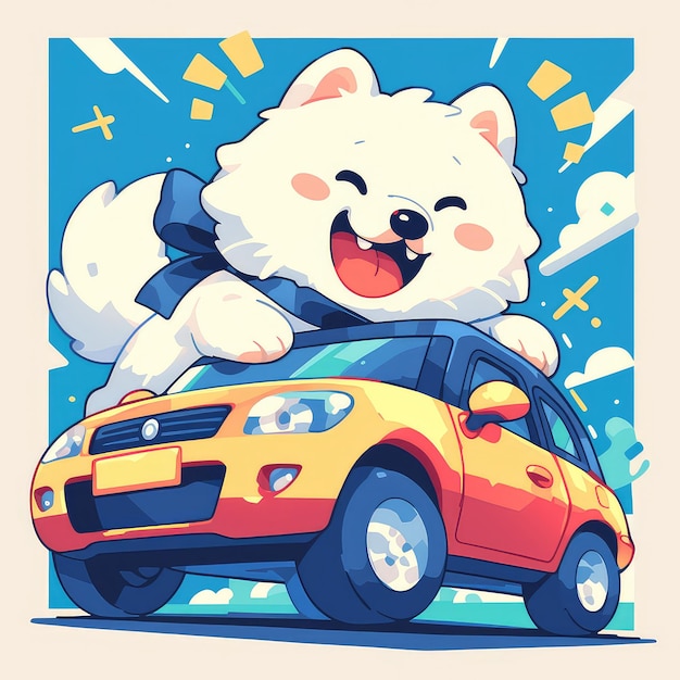 A dog is driving a car cartoon style