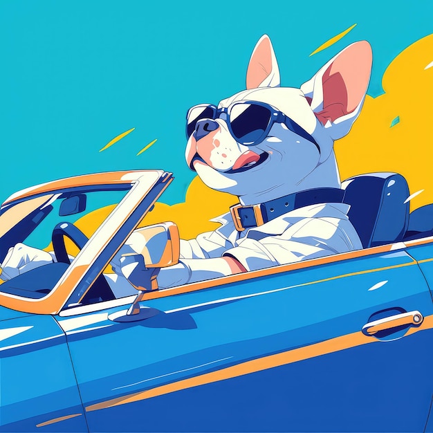 A dog is driving a car cartoon style