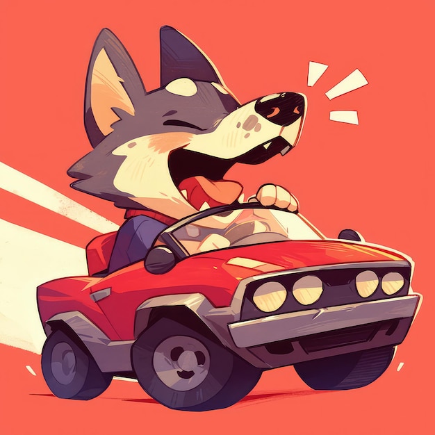 A dog is driving a car cartoon style
