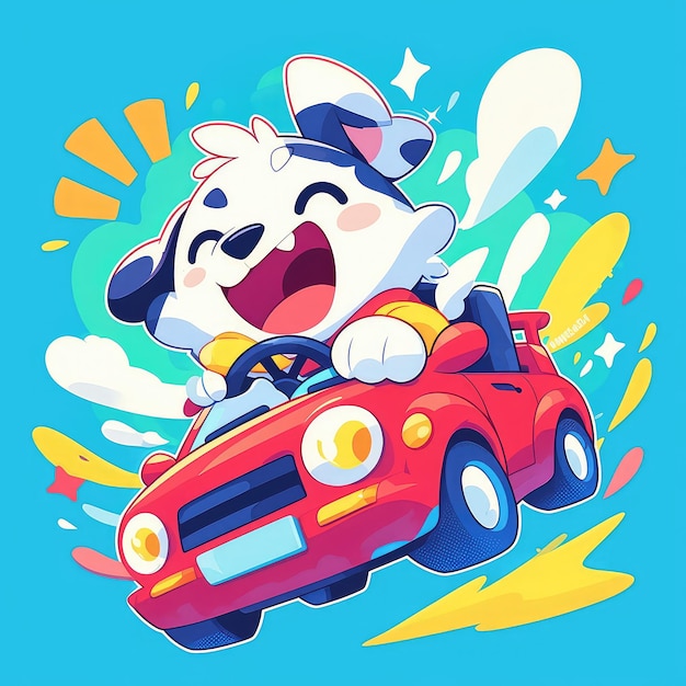 A dog is driving a car cartoon style