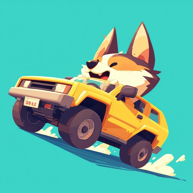 A dog is driving a car cartoon style