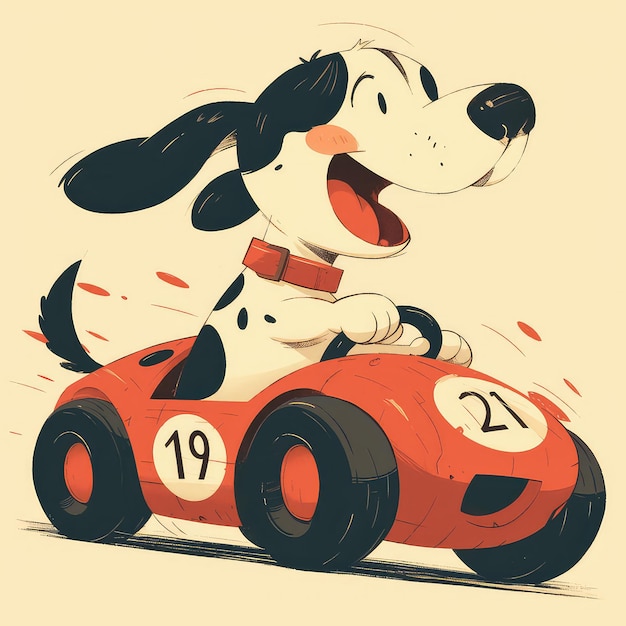 A dog is driving a car cartoon style