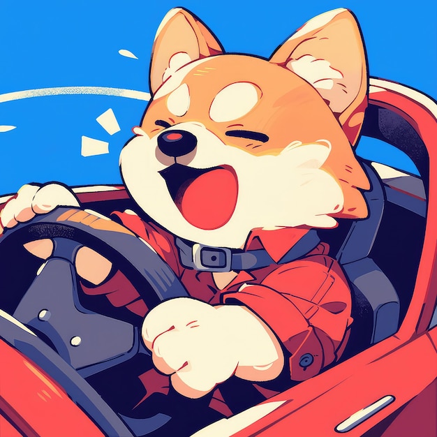 A dog is driving a car cartoon style