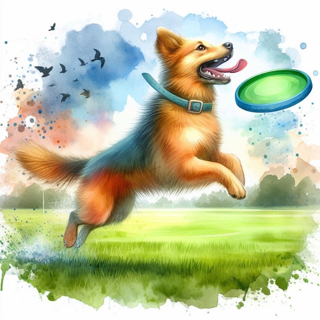 Vector a dog jumping in the air with a frisbee in his mouth