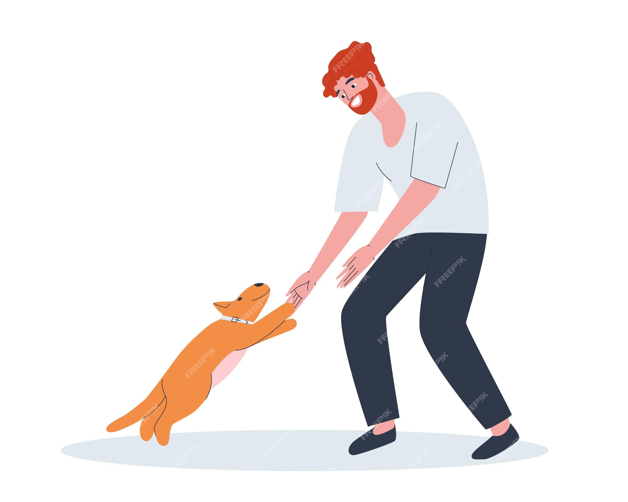 Premium Vector | The dog jumps into the hands of his master meeting a pet and a man love for pets flat vector Premium Vector | The dog jumps into the hands of his master meeting a pet and a man love for pets flat vector
