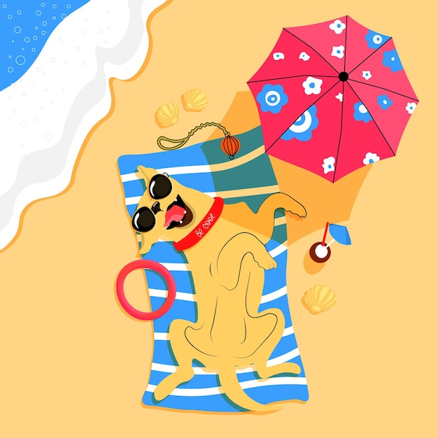 Vector the dog lies on the beach under an umbrella in sunglasses labrador on vacation.