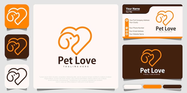 Modello di progettazione del logo del cane con combinazione di amore e biglietto da visita