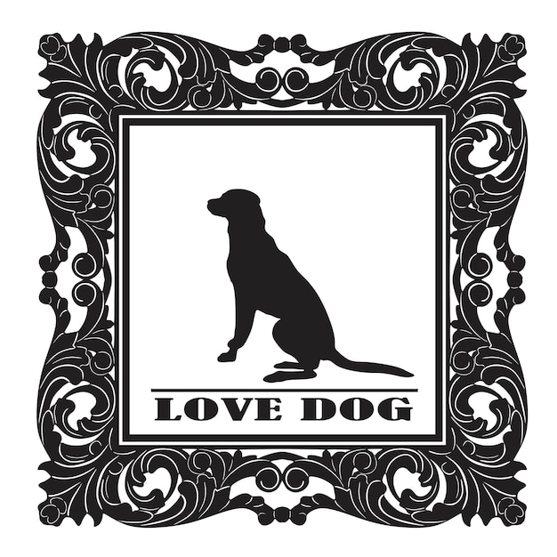 Vector dog love with old floral frame handmade silhouette