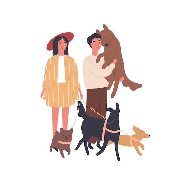 犬の愛好家のカップルフラットベクトルイラスト。ペットと若い女の子と男の子、幸せな家族。関係、愛と優しさ、家族の牧歌、動物の世話の概念。結婚したペアの漫画のキャラクター。