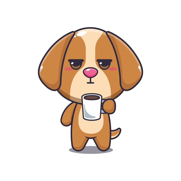 Vector dog mascot cartoon character vector illustration is tired and sleepy holding coffee