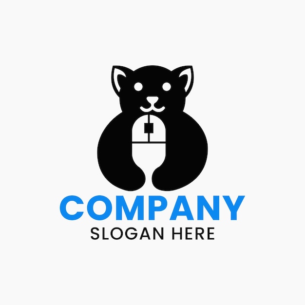 Dog Mouse Logo Negative Space Concept Vector Template. Dog Holding Computer Mouse Symbol