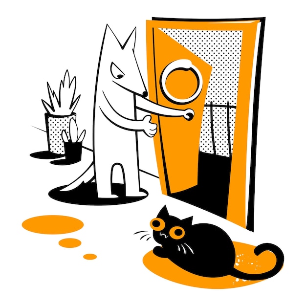 Vector dog opens the door for the cat