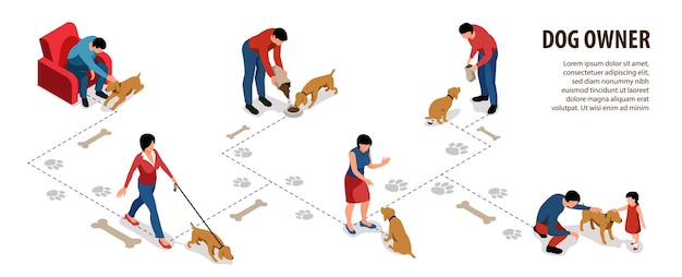 Set di infografica per il proprietario del cane con illustrazione vettoriale isometrica di simboli di cura e divertimento